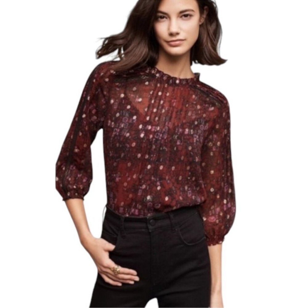 HD in Paris Sheer Burgundy Dot Ruffle Blouse